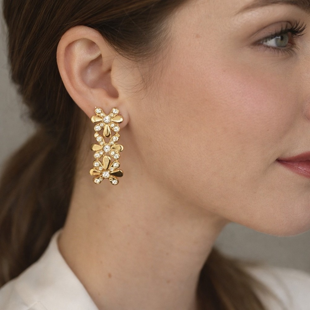 Gold Tone Triple Flower Crystal Rhinestone Dangle Drop Earrings Floral Statement